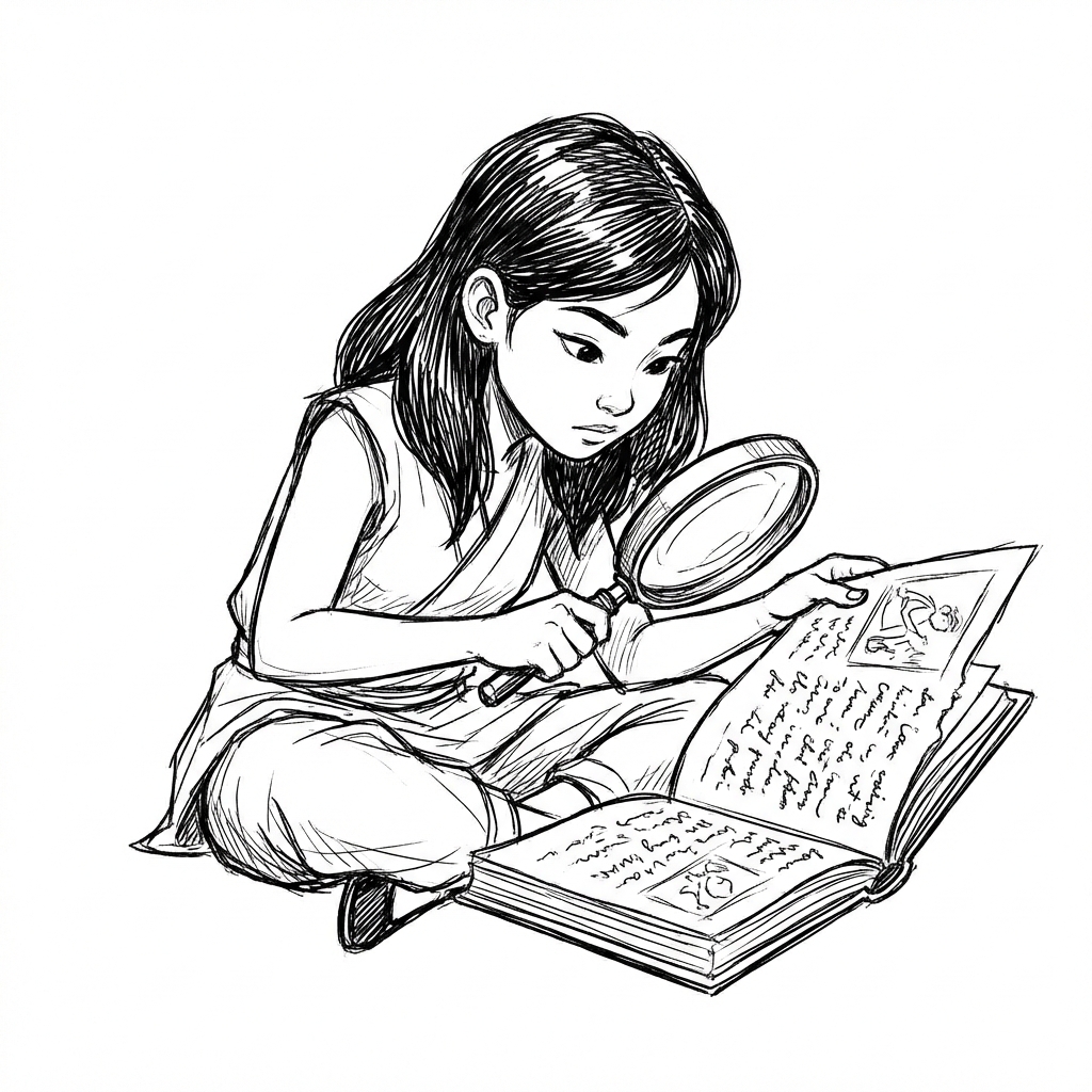 Person examining story with magnifying glass