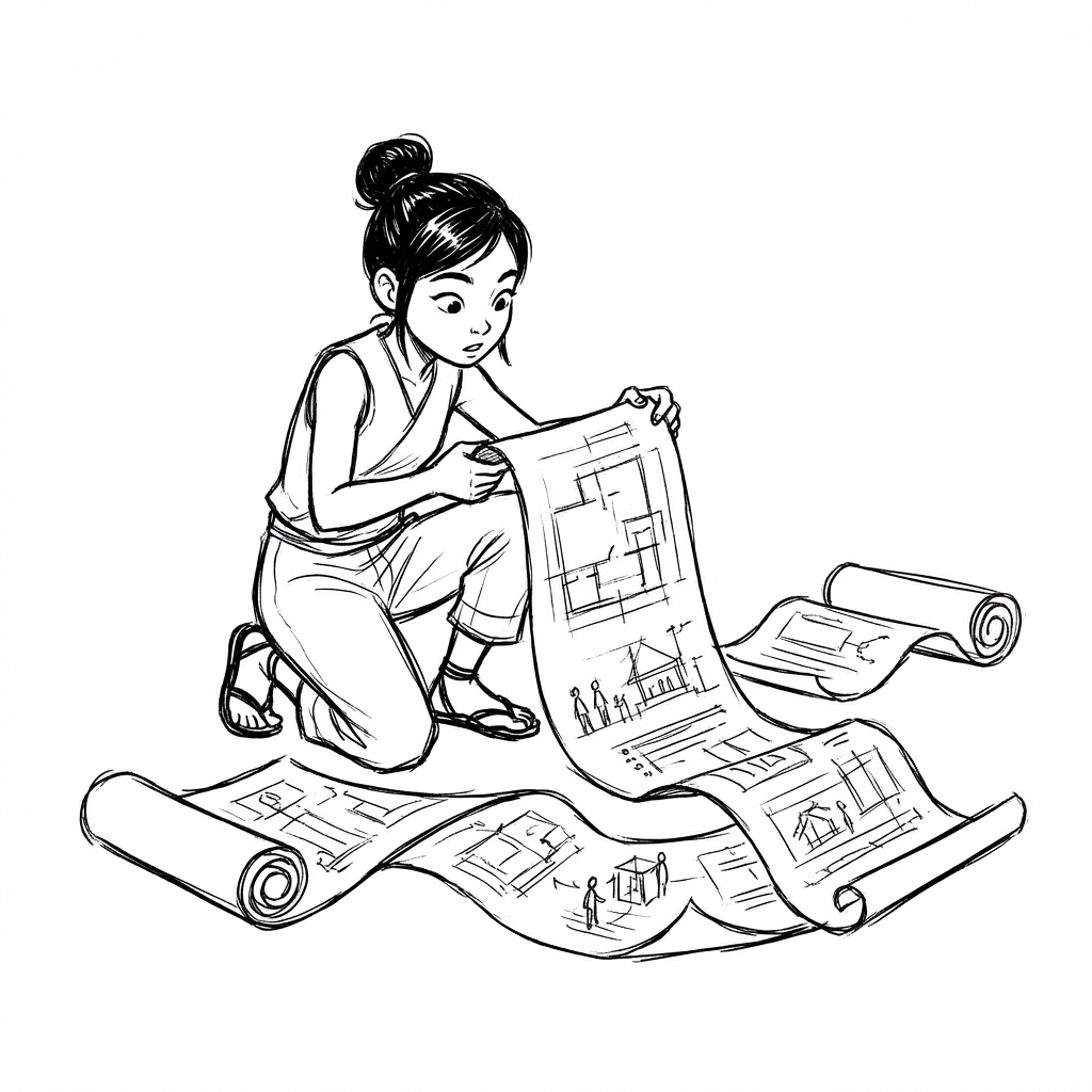 Person examining story scroll